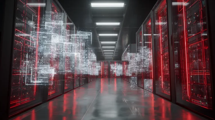 Data space ilustrado com servidores de armazenamento de dados, representando o ambiente de hospedagem de informações digitais para gerenciamento eficiente.