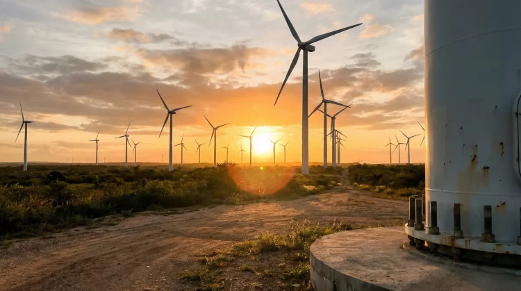 Parque de parques eólicos no Brasil mostrando várias turbinas de vento ao pôr do sol, destacando o potencial energético renovável do país em energia limpa e sustentável.