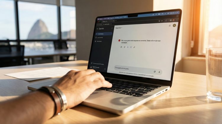 Pessoa utilizando um laptop com regulação de inteligência artificial no contexto atual de transformação digital, em ambiente moderno e iluminado.