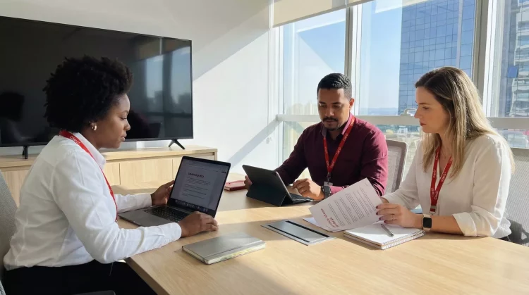 Reunião em ambiente corporativo discutindo a adoção responsável da inteligência artificial na empresa.