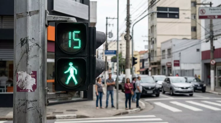 Semáforo inteligente com indicador de tempo para pedestres em uma cidade moderna, representando a eficiência das smart cities no gerenciamento urbano.