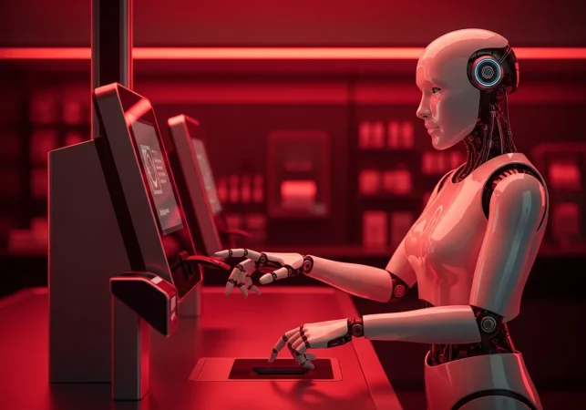 Robô humanoide interagindo com sistema de automação de pagamentos com IA em ambiente futurista de alta tecnologia.