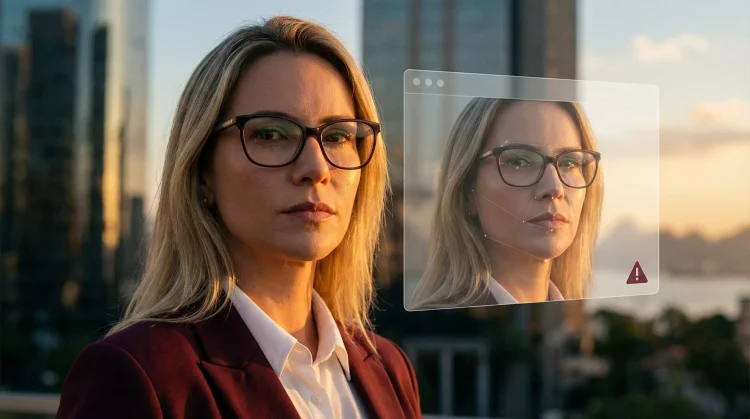 Uma mulher com óculos, representando os riscos da era dos agentes de IA e deepfake, com uma tela holográfica ao lado, simbolizando a tecnologia avançada.